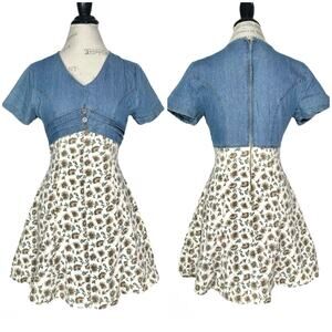 Lira | Women | Vintage 90s Floral Pintuck Denim Fit Flare Mini Dress | Sz Small